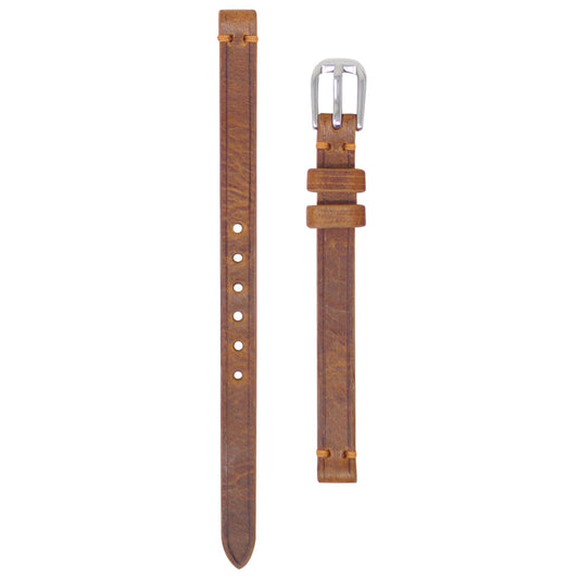 Cognac Badalassi Wax leather watch strap with light stitching and silver buckle, flat lay.