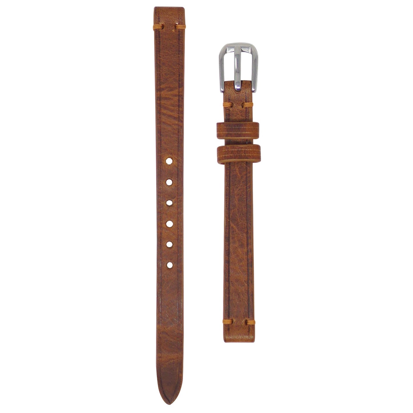Cognac Badalassi Wax leather watch strap with light stitching and silver buckle, flat lay.