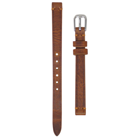 Cognac Badalassi Wax leather watch strap with light stitching and silver buckle, flat lay.