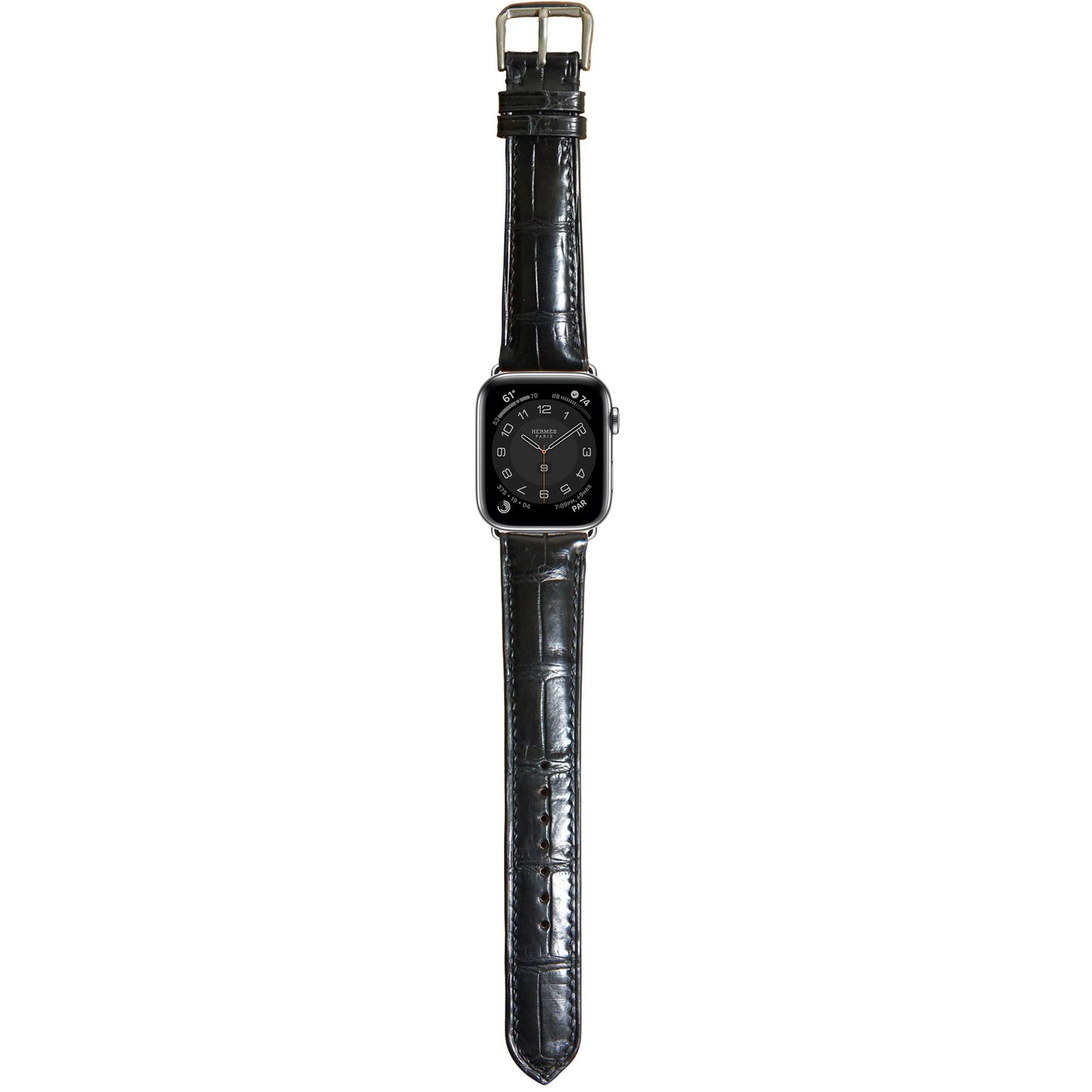 Black crocodile leather watch strap for Apple Watch with a silver buckle, flat lay.
