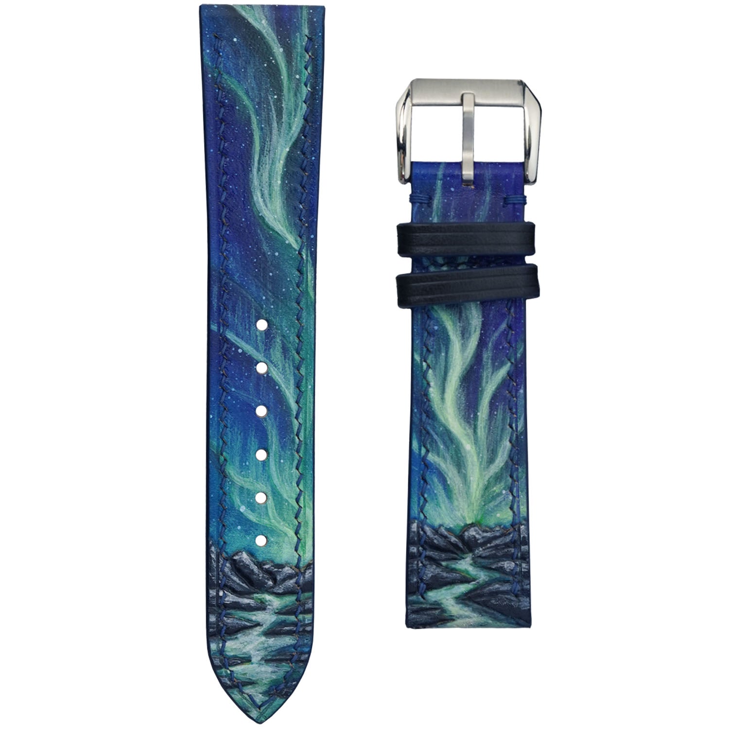 Aurora Reflections hand-carved and hand-painted leather watch strap in deep blue.