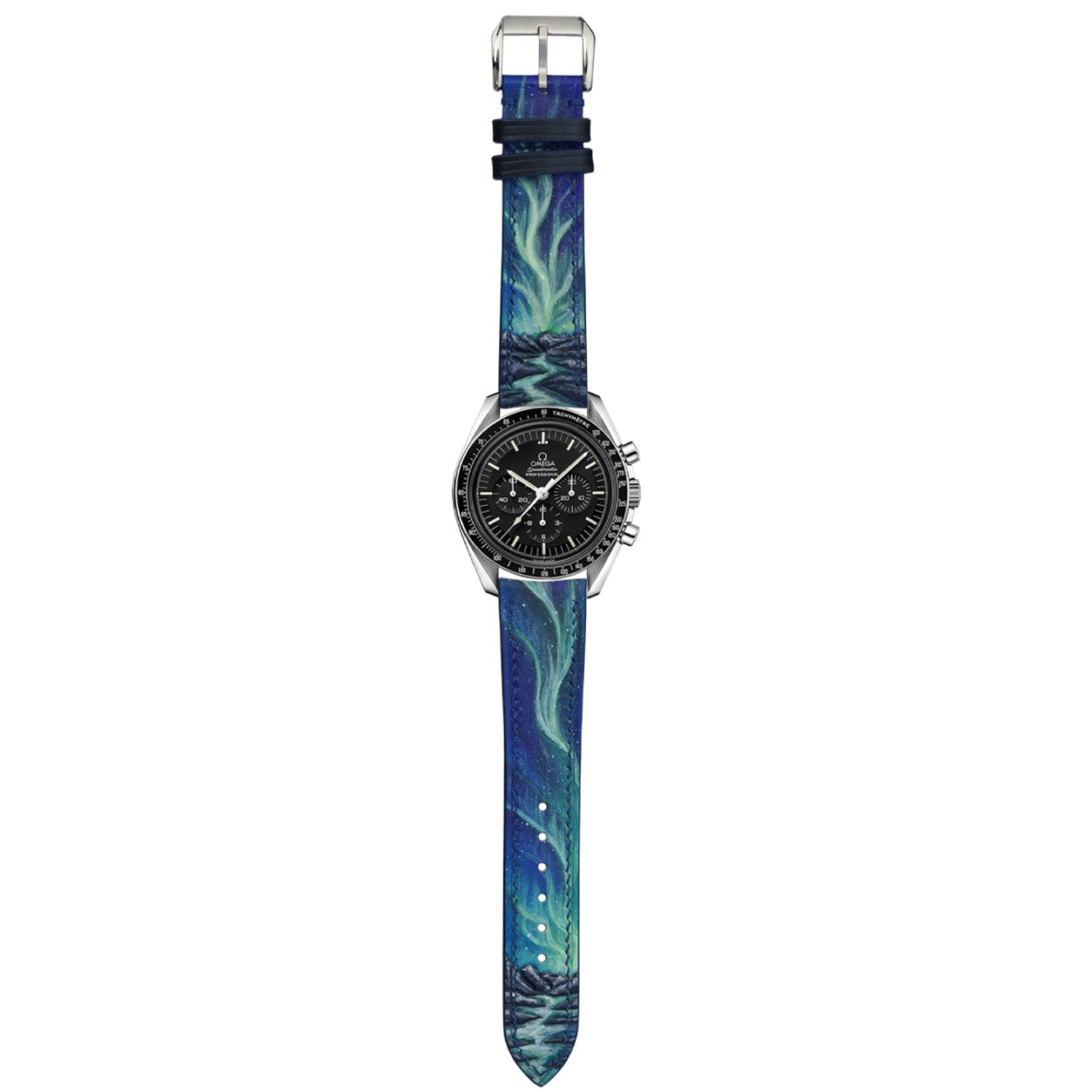 Hand-carved and tooled leather watch strap with layered green and blue aurora painting.