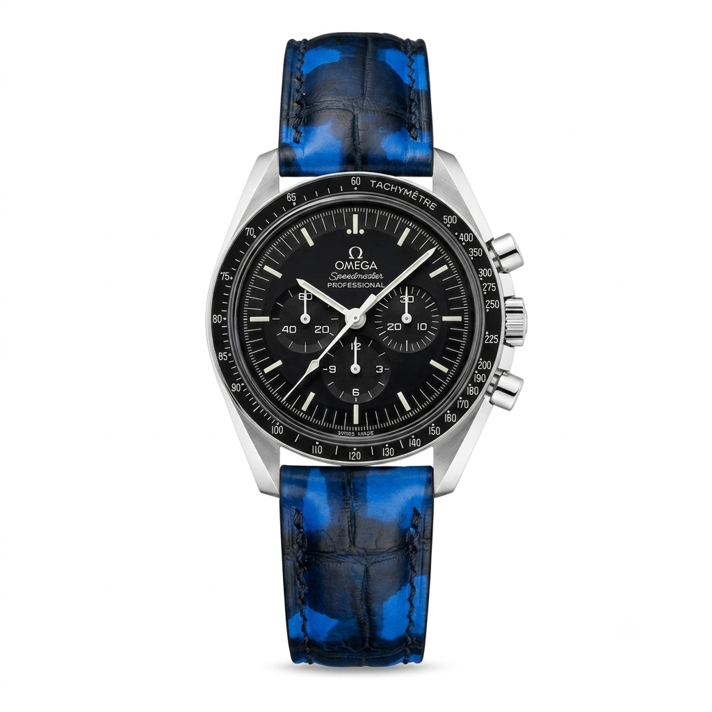 Custom blue crocodile leather watch band, made in any lug width from 8mm to 32mm.