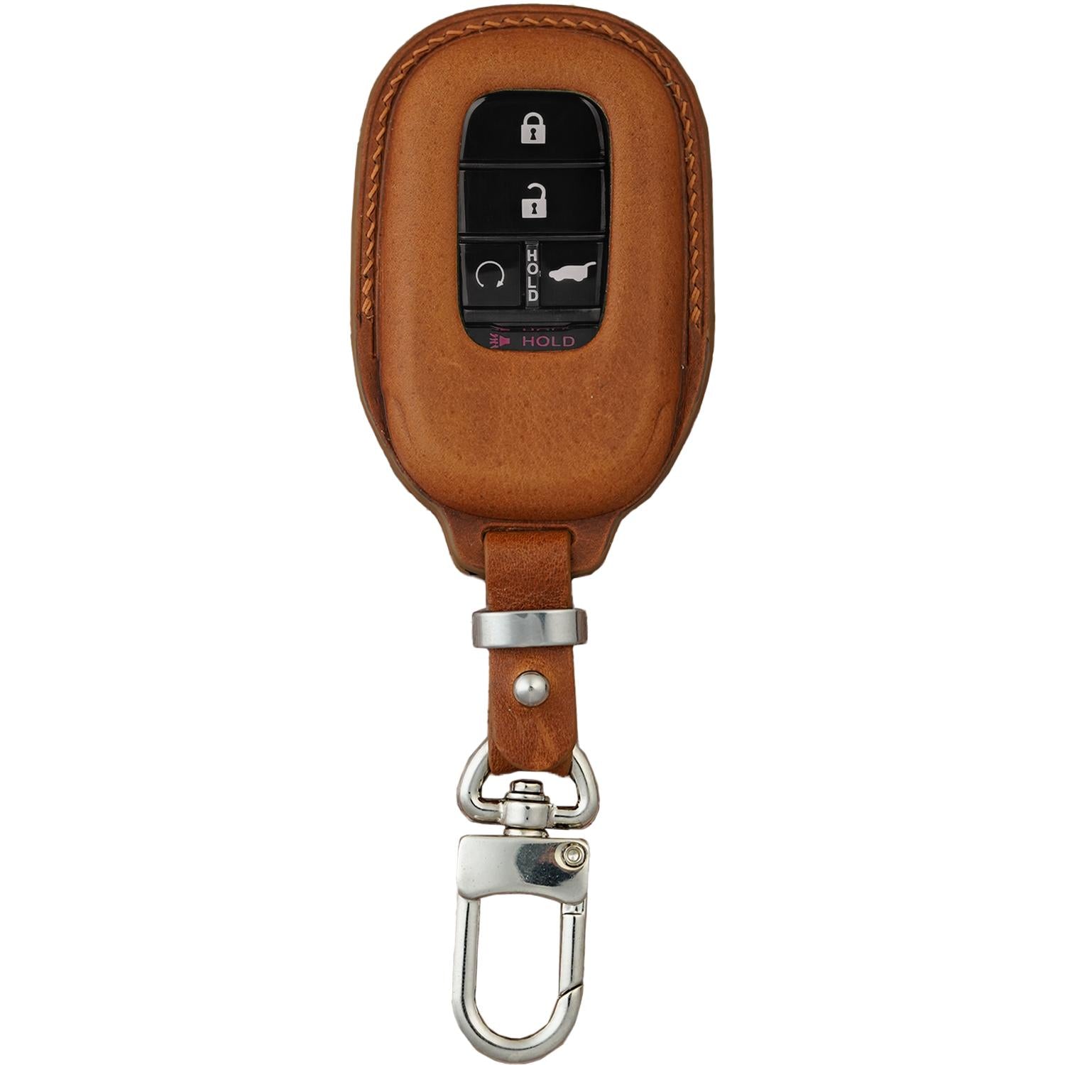 Brown Vachetta leather key fob cover for Honda CR-V with black buttons and a silver carabiner clip.