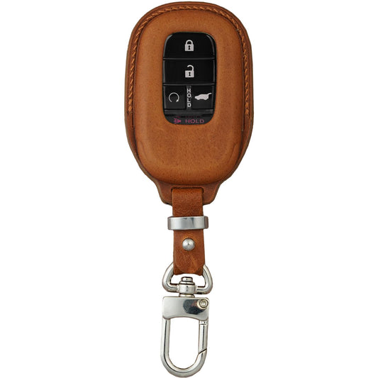 Brown Vachetta leather key fob cover for Honda CR-V with black buttons and a silver carabiner clip.