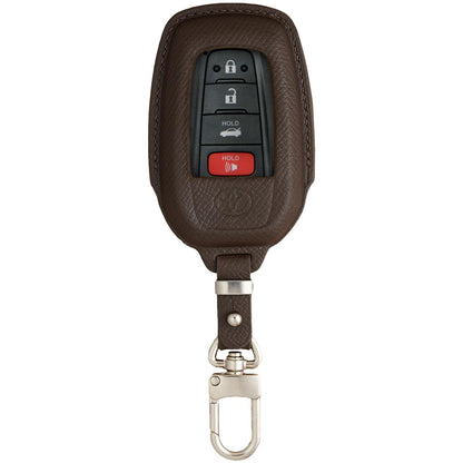 Dark brown Epsom leather key fob cover for Toyota Camry, with silver hardware and a leather watch strap.