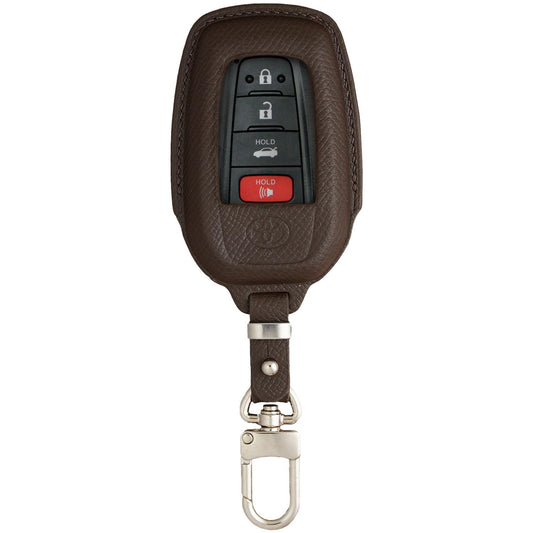 Dark brown Epsom leather key fob cover for Toyota Camry, with silver hardware and a leather watch strap.