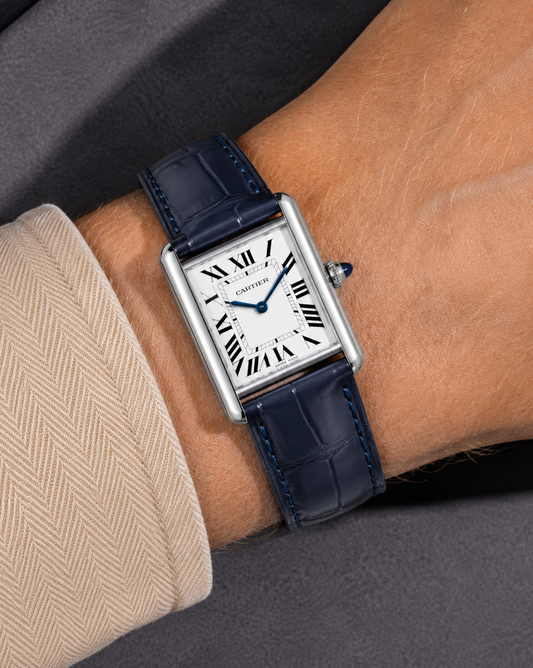 Cartier Tank Must with a navy blue crocodile leather strap by VGreen