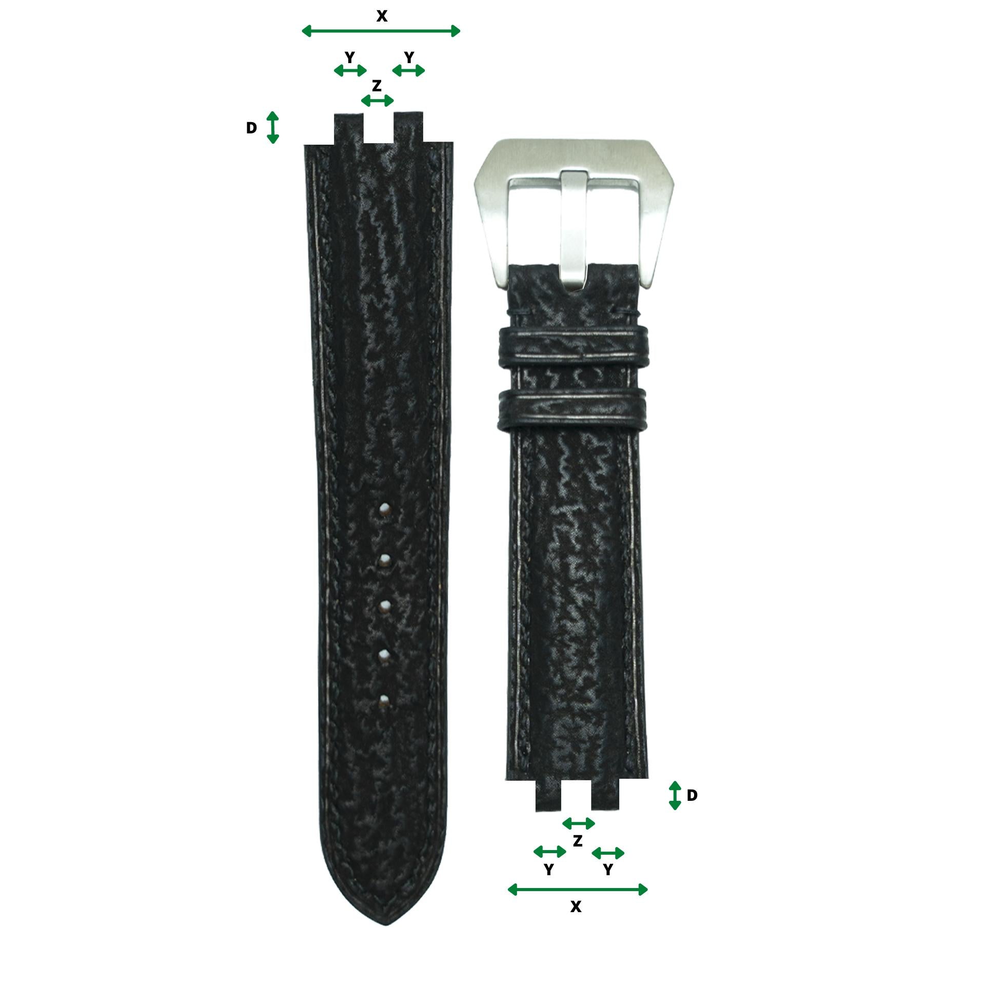 Black textured leather watch strap with multi-notches and a silver buckle, flat lay.