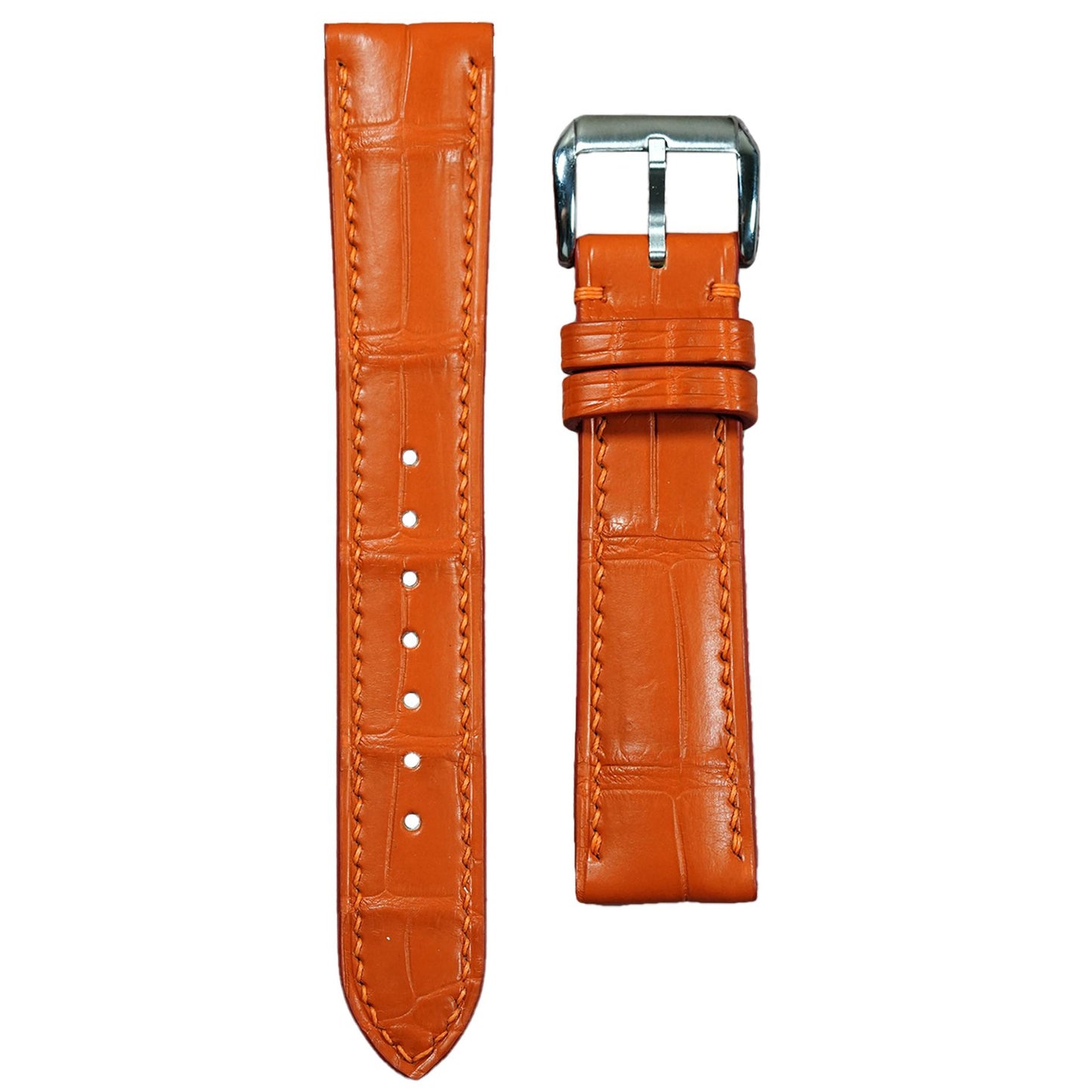 Orange crocodile leather watch strap with matching stitching and silver buckle, flat lay.