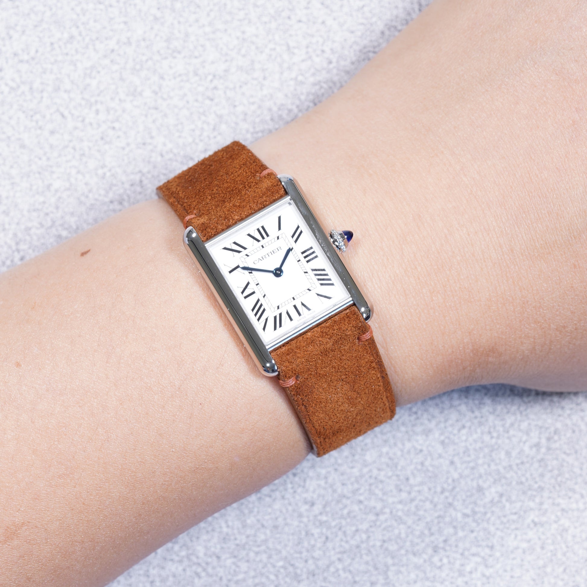 Cartier Tank Must with a whisky suede leather strap by VGreen