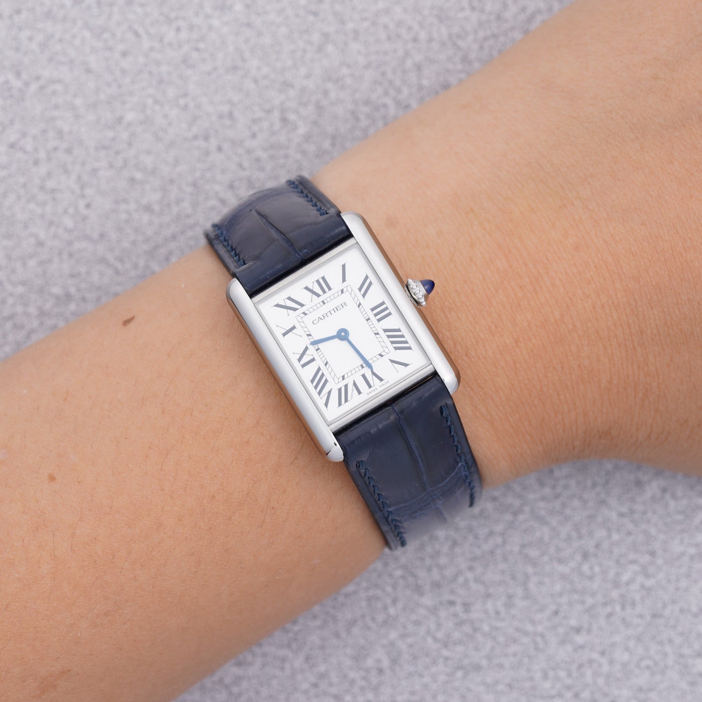 Cartier Tank Must with a dark blue crocodile leather strap by VGreen