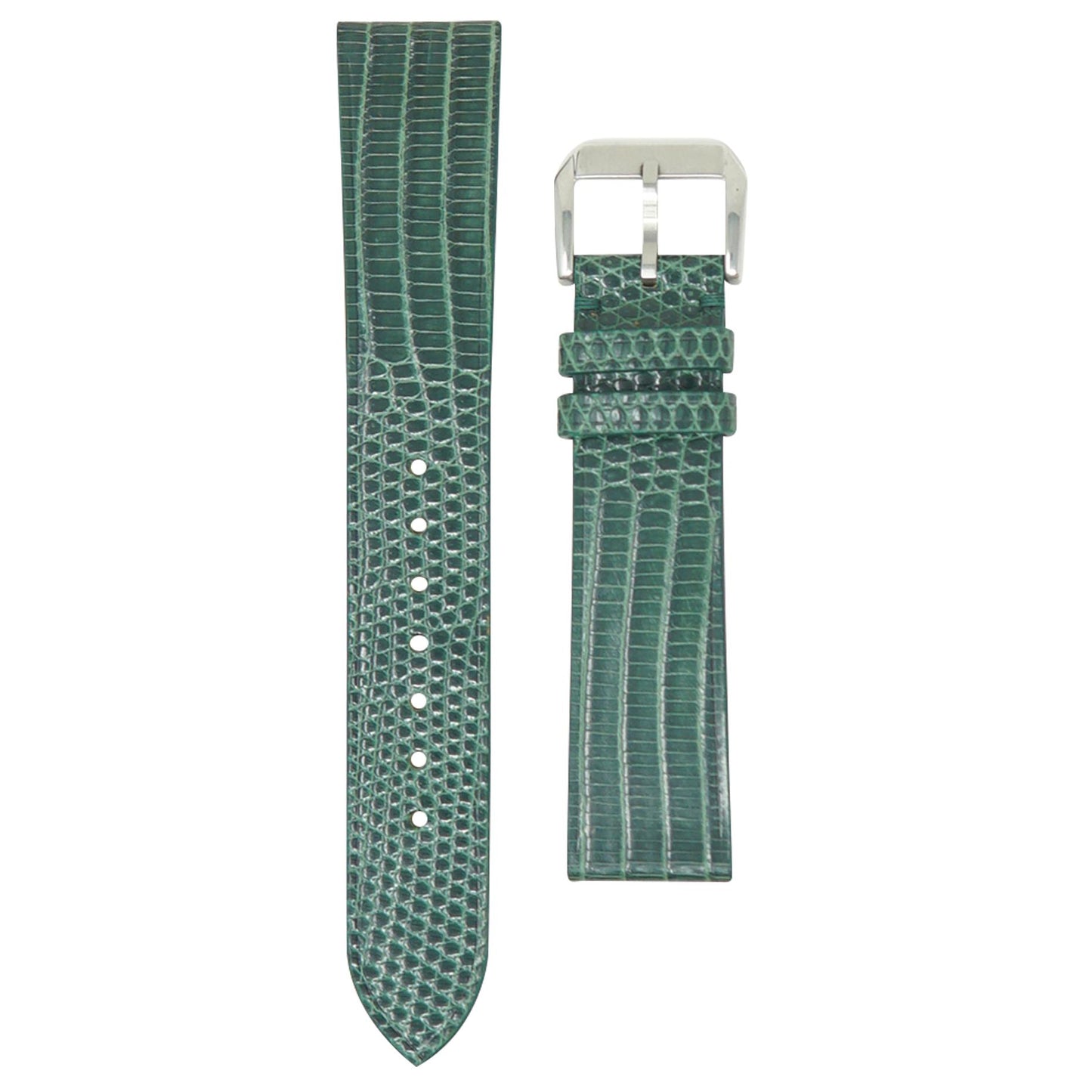 Green lizard leather watch strap with silver buckle, flat lay.