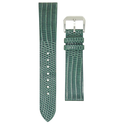 Green lizard leather watch strap with silver buckle, flat lay.