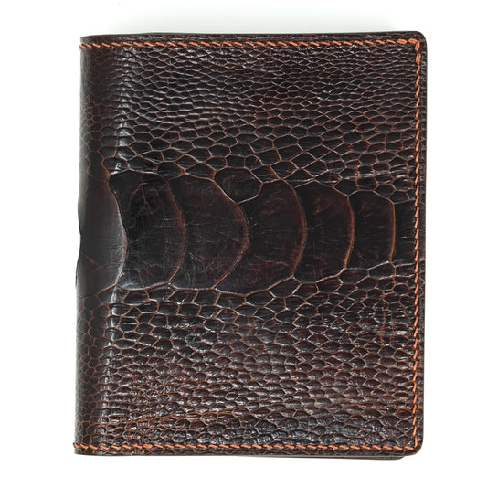 Vertical Bifold Leather Wallet - Dark Brown Ostrich Leg