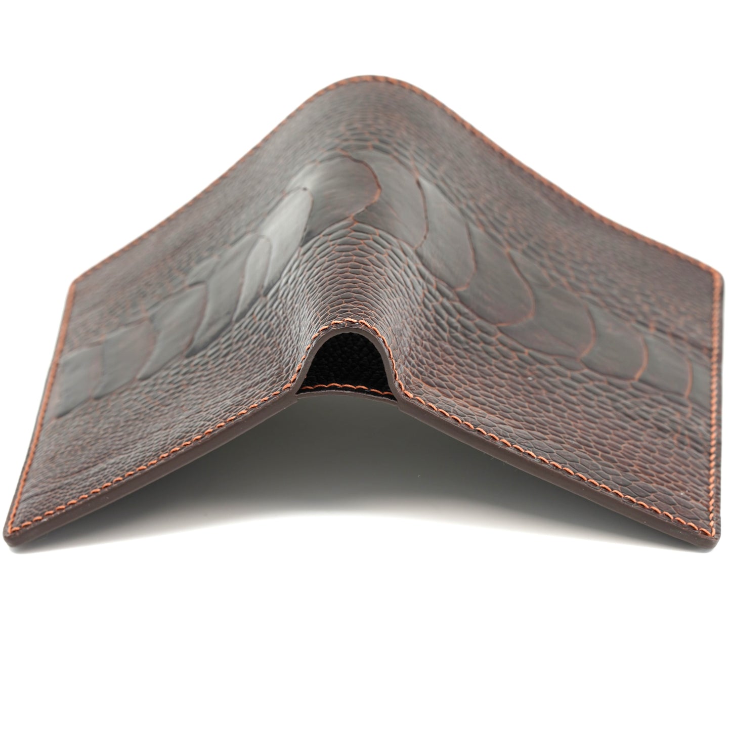 Vertical Bifold Leather Wallet - Dark Brown Ostrich Leg