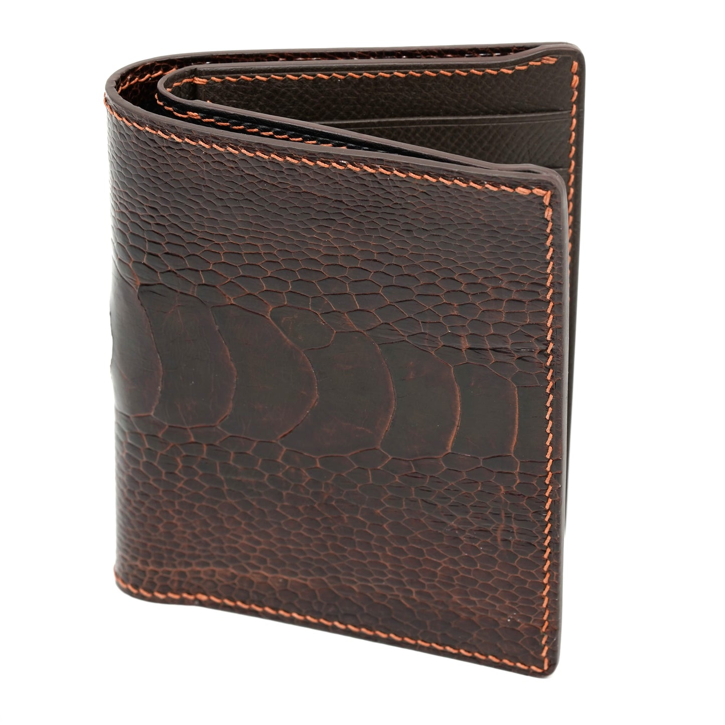 Dark brown ostrich leg leather vertical bifold wallet with orange stitching.
