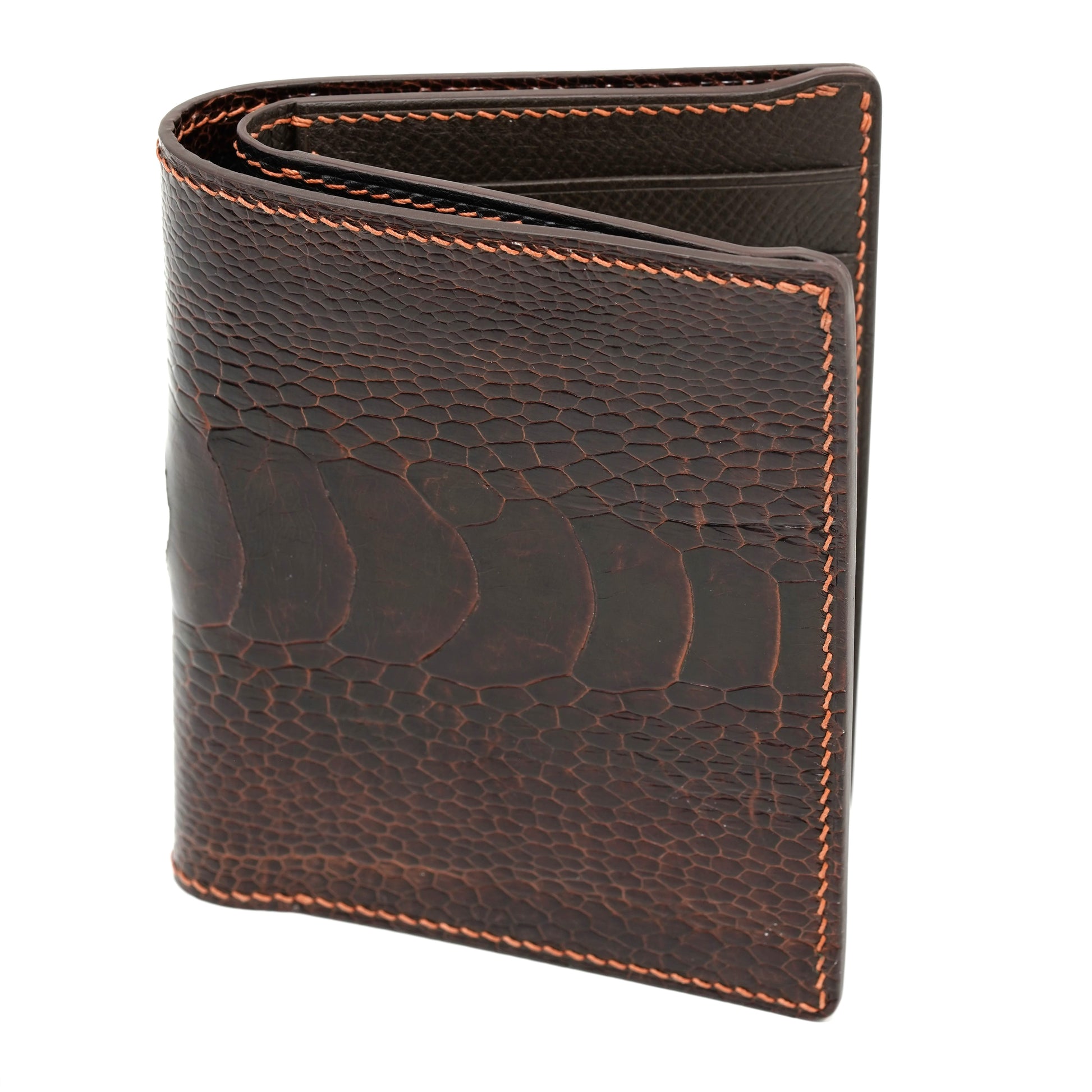 Dark brown ostrich leg leather vertical bifold wallet with orange stitching.