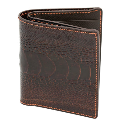 Dark brown ostrich leg leather vertical bifold wallet with orange stitching.