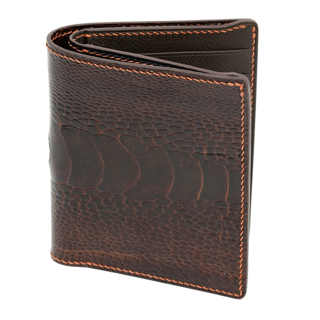 Vertical Bifold Leather Wallet - Dark Brown Ostrich Leg