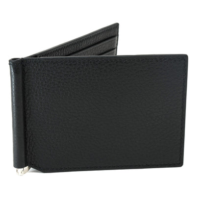 Black calfskin leather money clip with card slots, flat lay.
