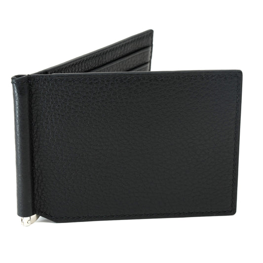 Black calfskin leather money clip with card slots, flat lay.
