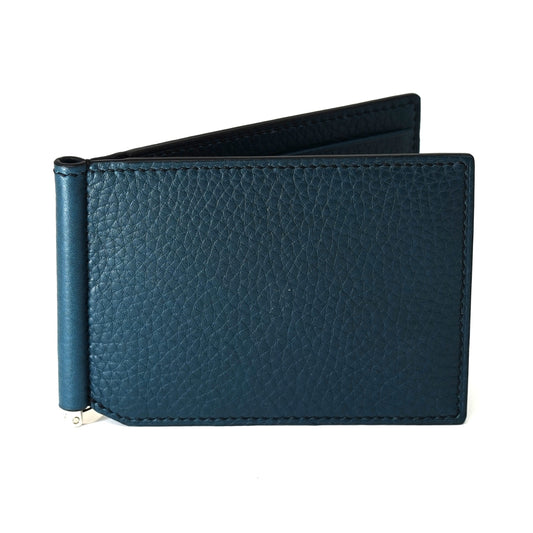 Mallard blue pebbled leather money clip with a silver metal clip, slightly open, flat lay.