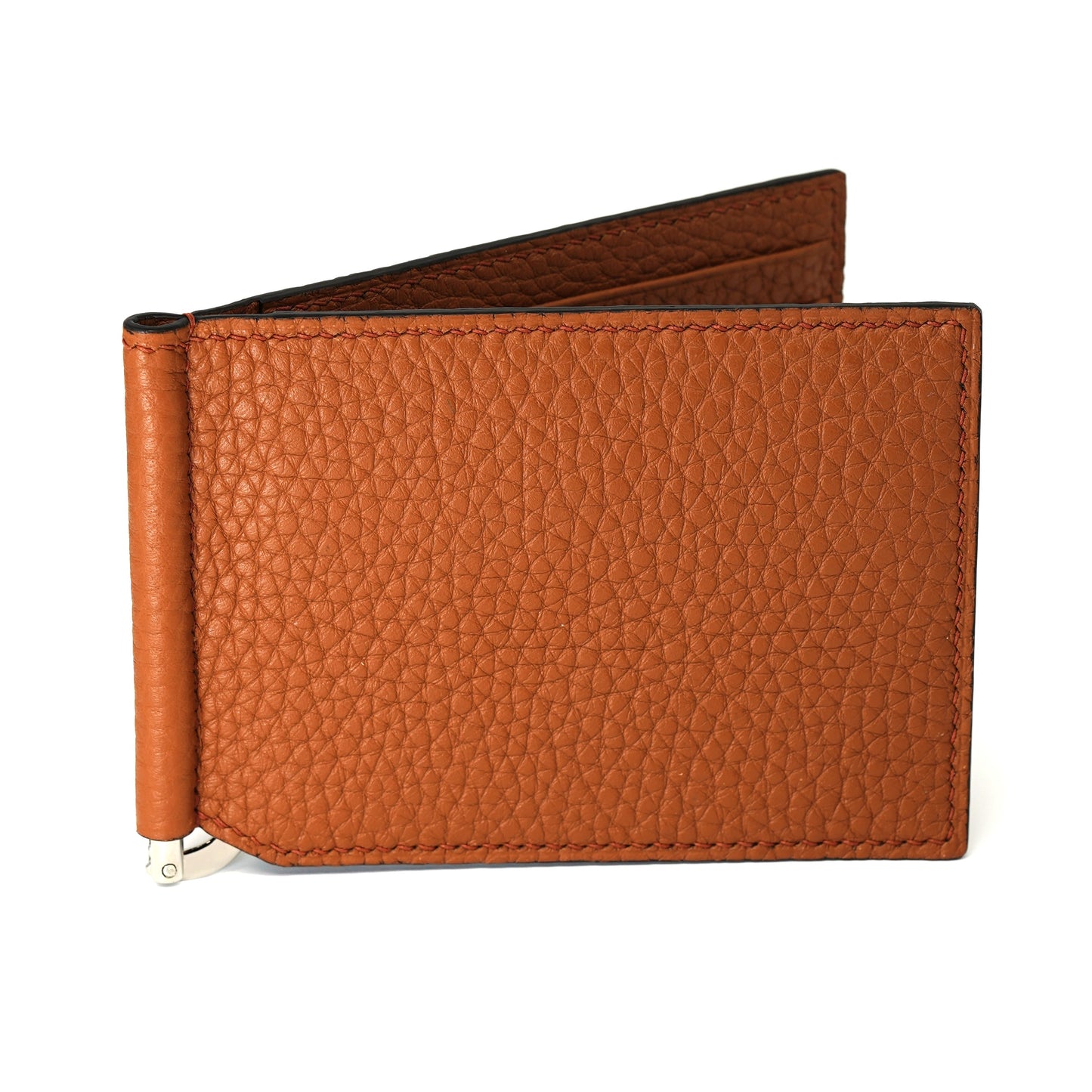 Brown pebbled leather money clip with silver-tone hardware, slightly open on a white background.