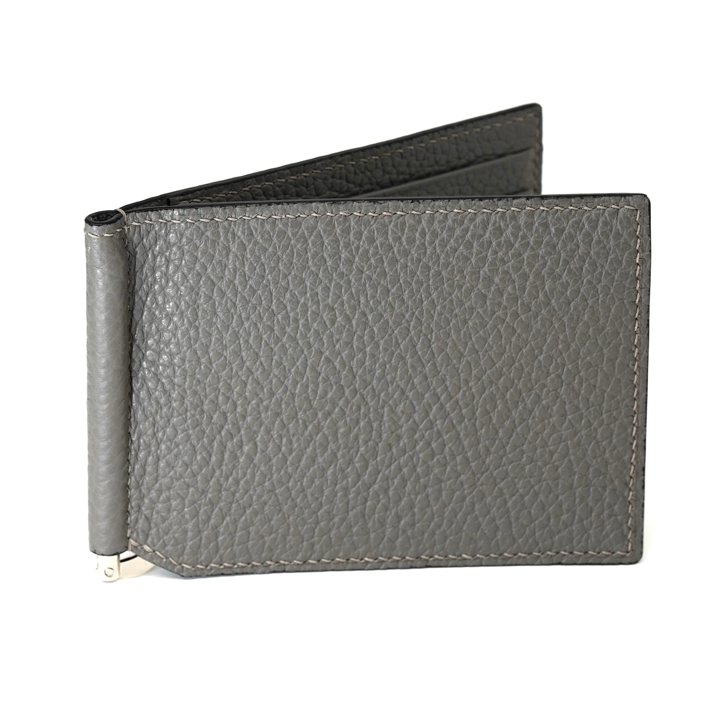 Gray pebbled leather money clip with light stitching, partially open, showing interior.