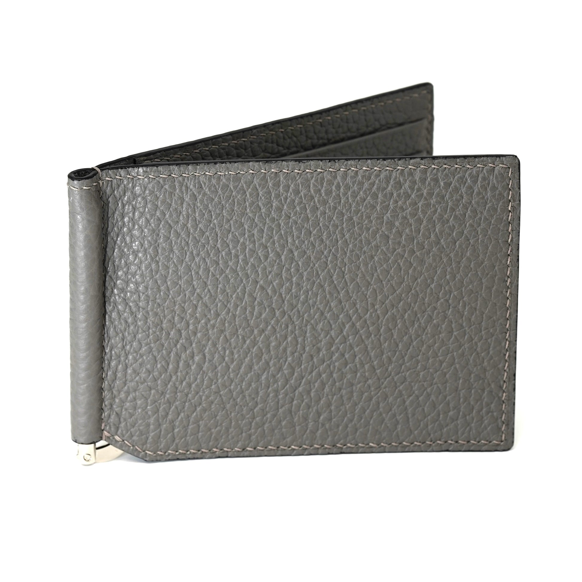 Gray pebbled leather money clip with light stitching, partially open, showing interior.
