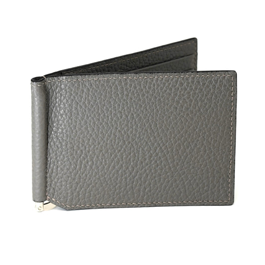 Gray pebbled leather money clip with light stitching, partially open, showing interior.