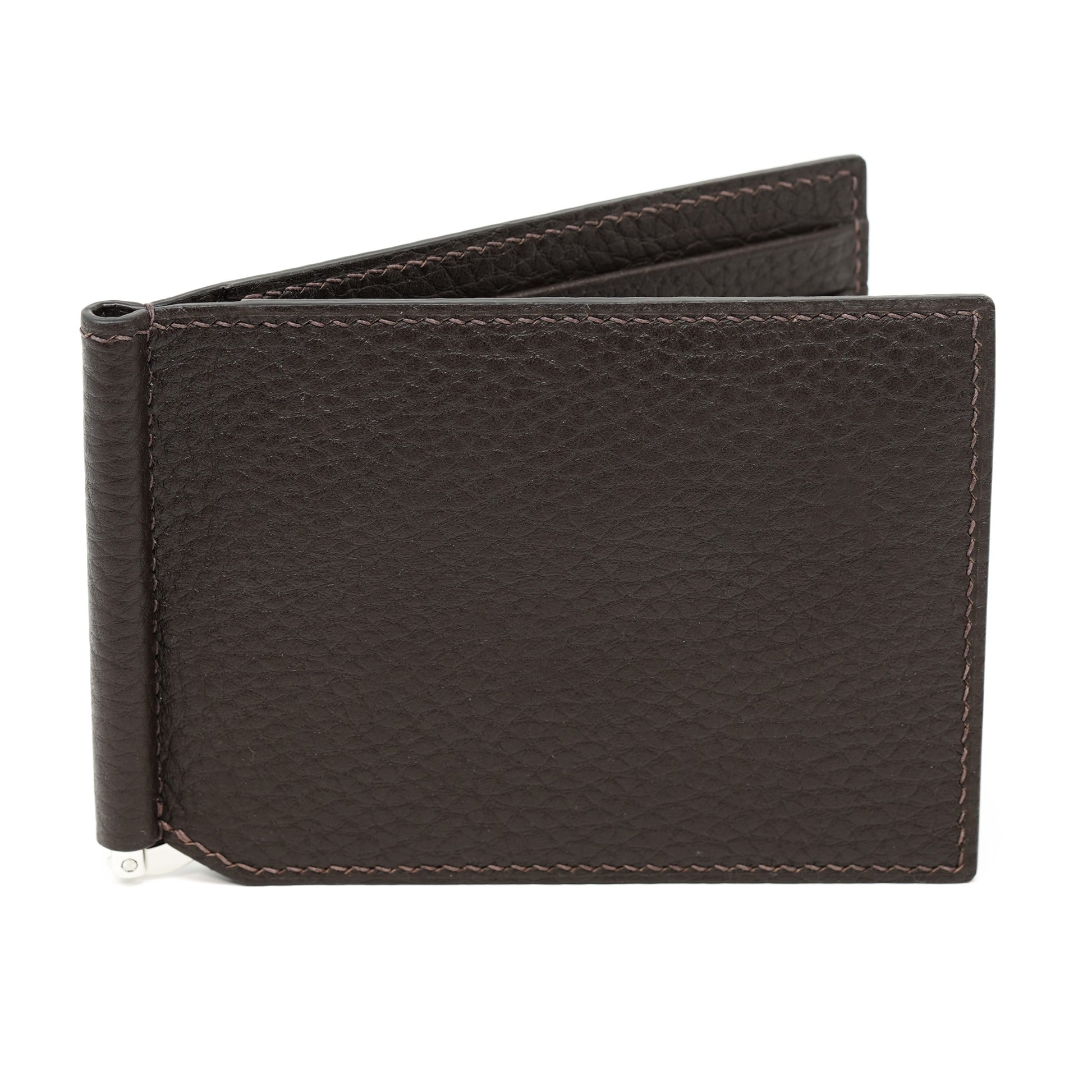 Dark brown pebbled leather money clip with subtle stitching, open to reveal interior.