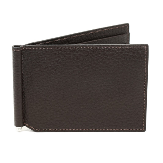 Dark brown pebbled leather money clip with subtle stitching, open to reveal interior.