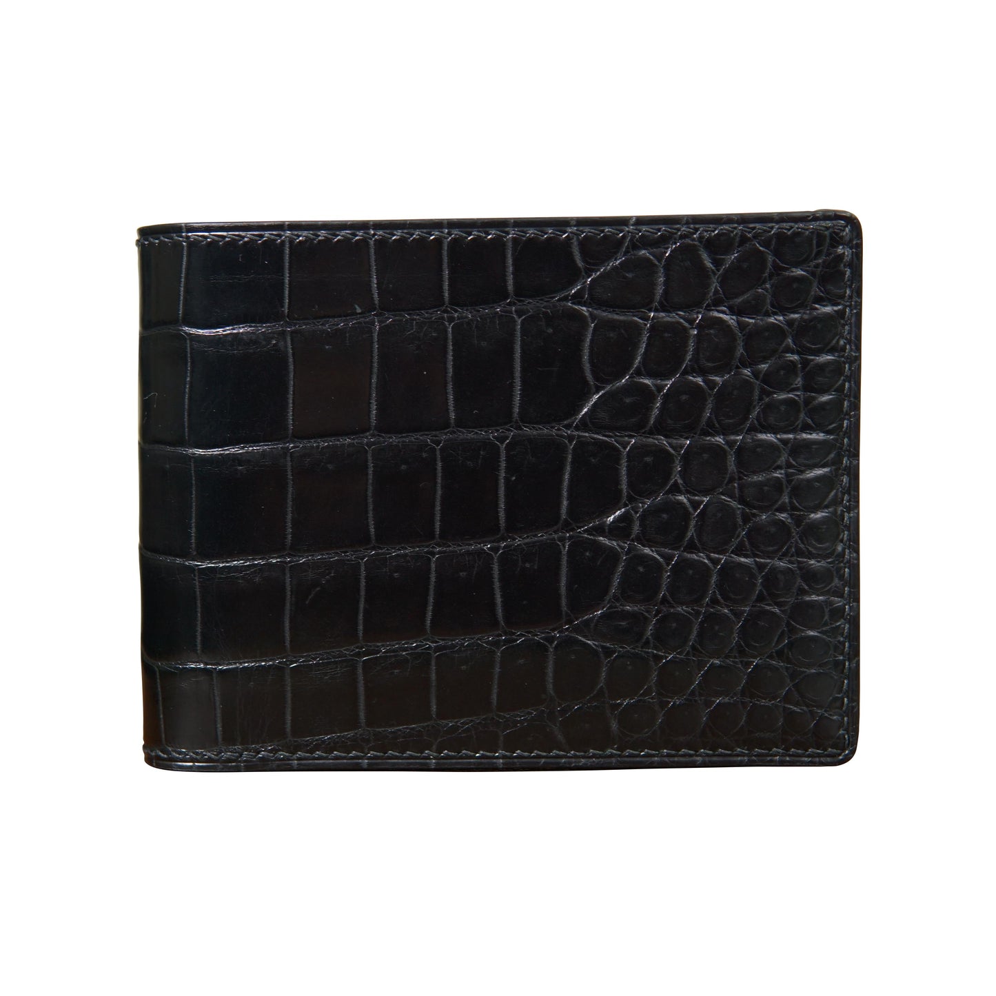 Black crocodile leather wallet, horizontal bifold design, flat lay.