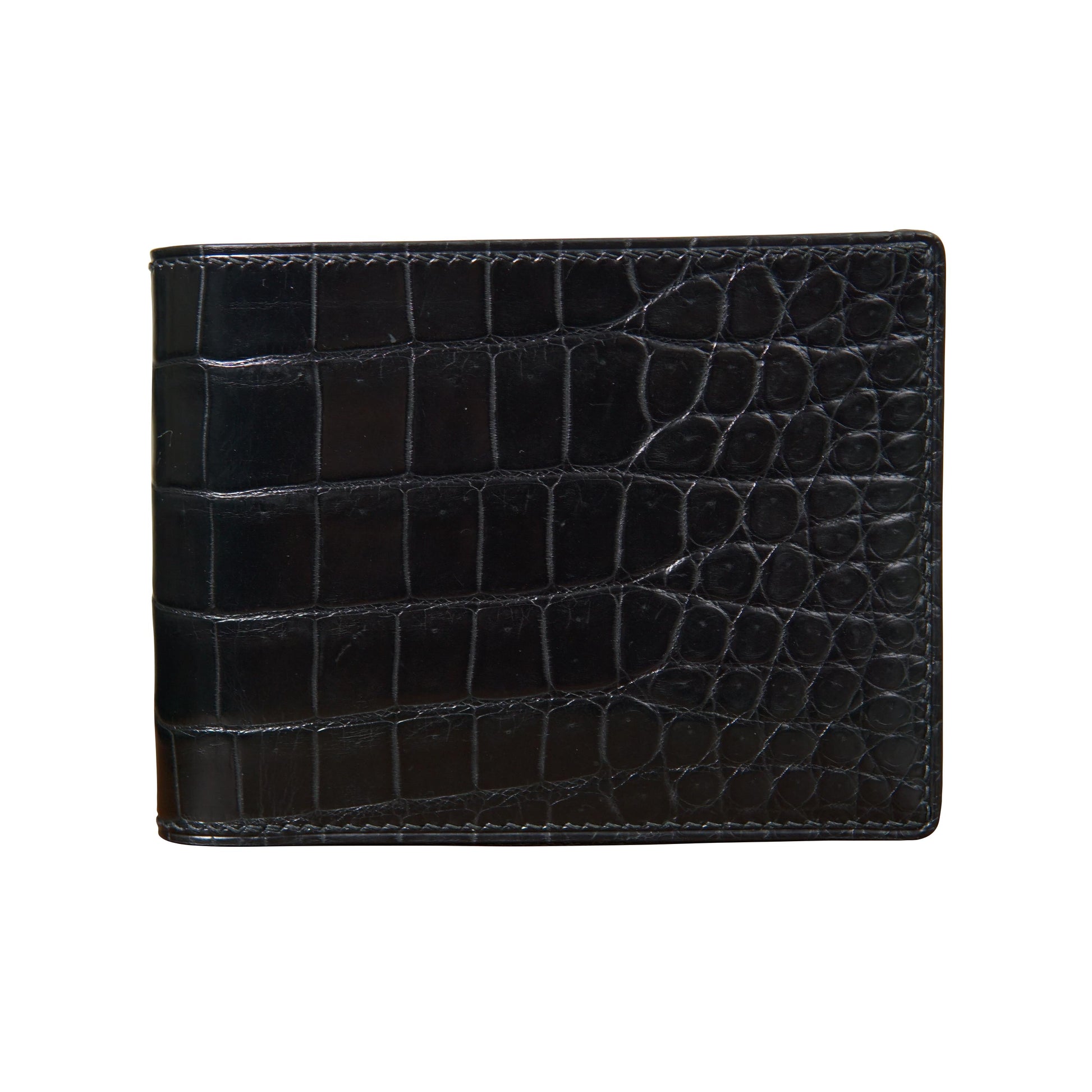 Black crocodile leather wallet, horizontal bifold design, flat lay.