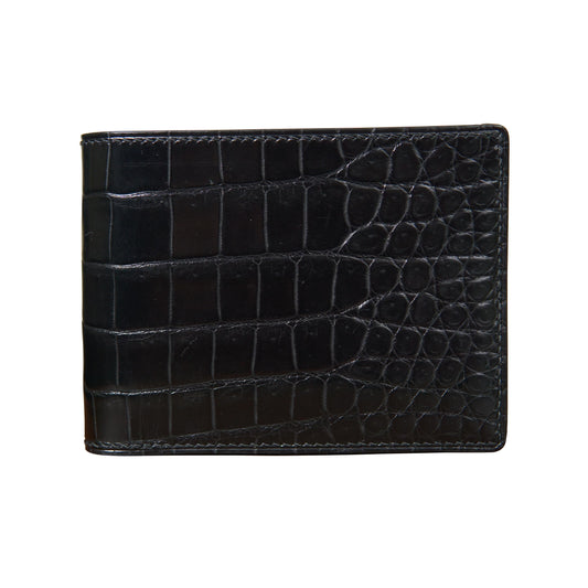 Black crocodile leather wallet, horizontal bifold design, flat lay.