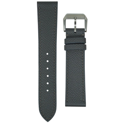 Gris Meyer Epsom leather watch strap with matching stitching and a silver buckle, flat lay.