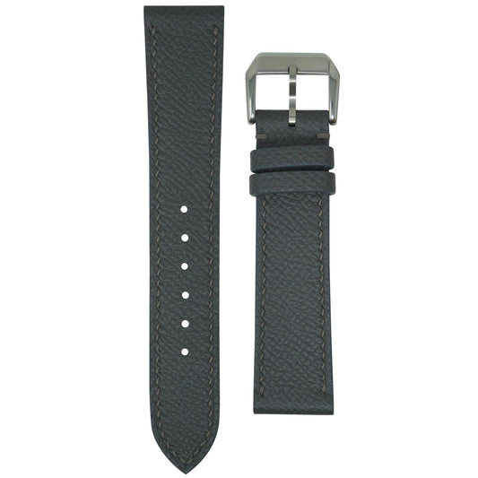 Gris Meyer Epsom leather watch strap with matching stitching and a silver buckle, flat lay.