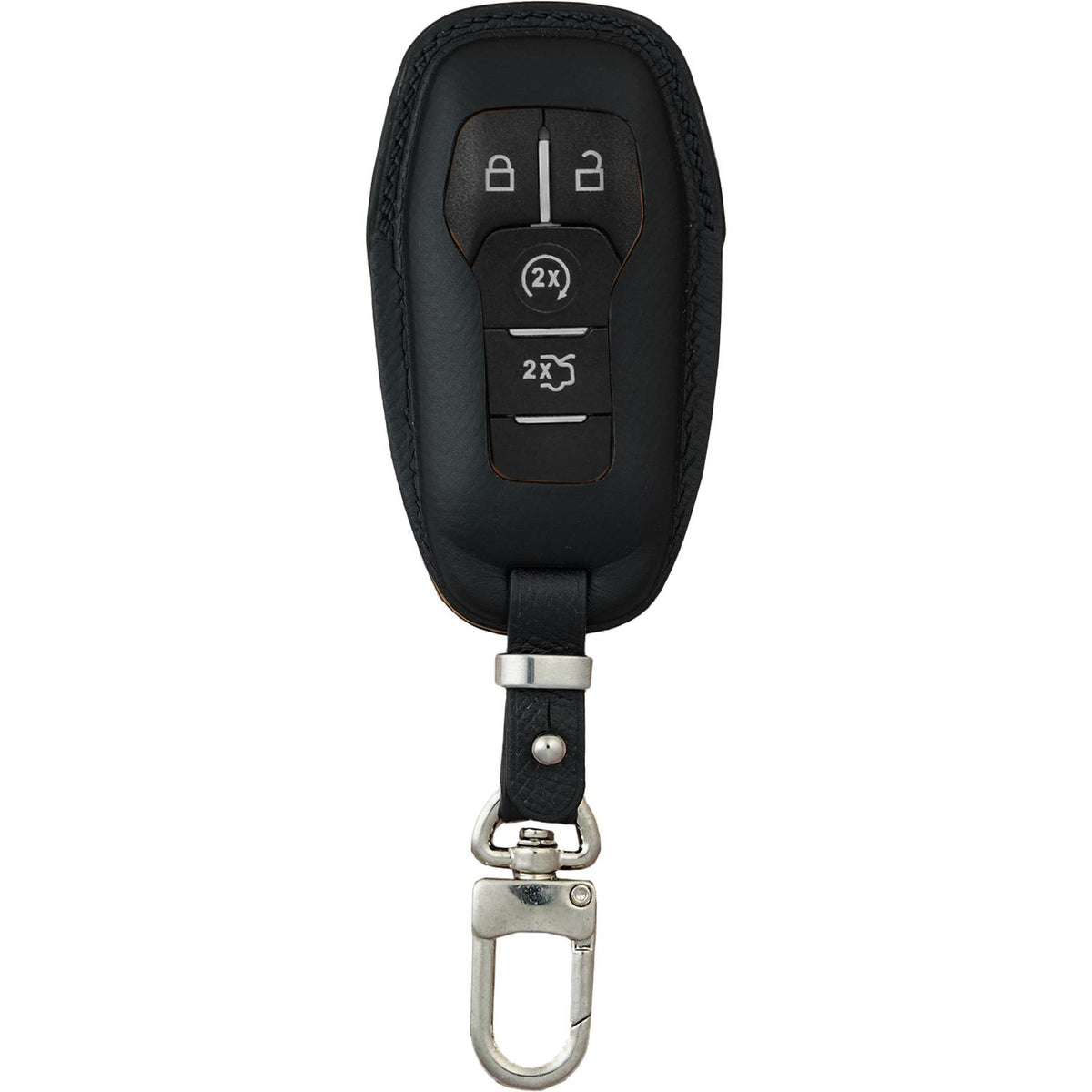 Black Epsom leather Ford F-150 key fob cover with silver clasp, flat lay.