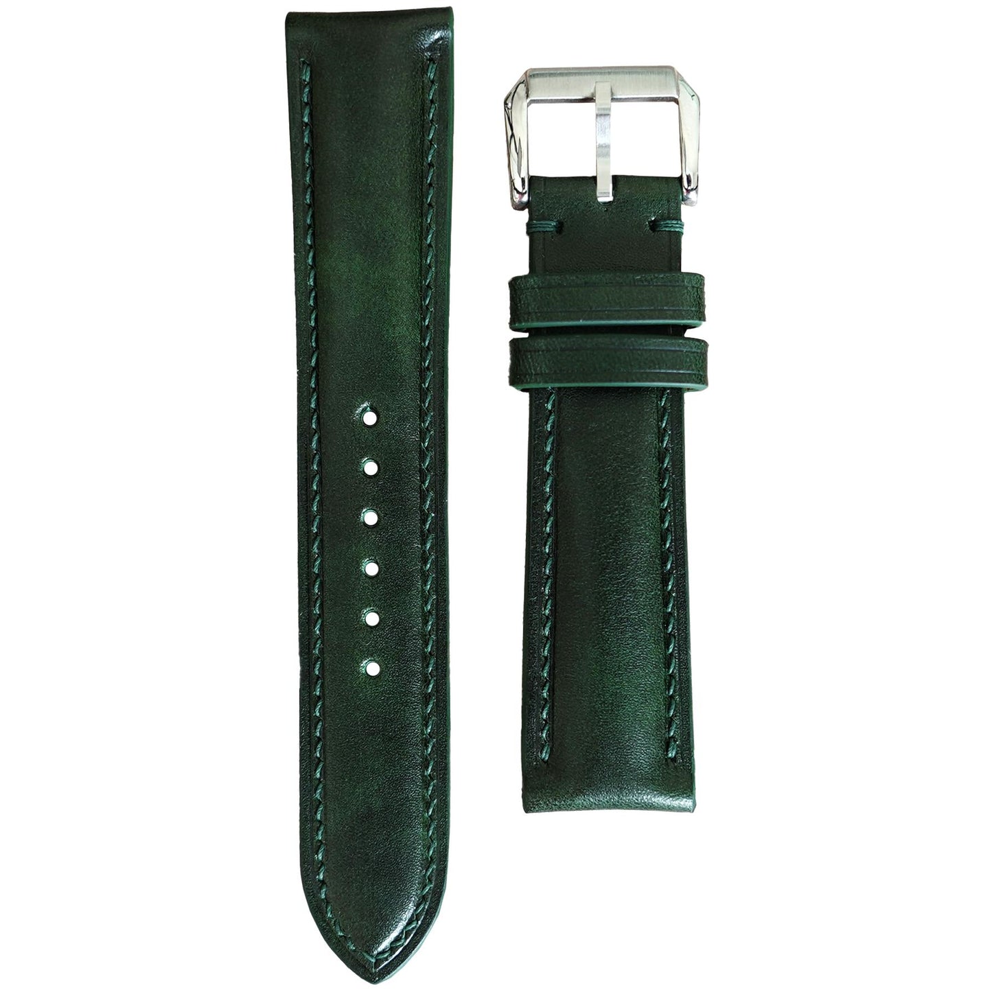 Deep green Buttero leather watch strap with matching stitching and a silver buckle, flat lay.