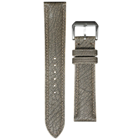 Alran Patnat goat leather watch strap in metallic bronze with silver buckle, flat lay.