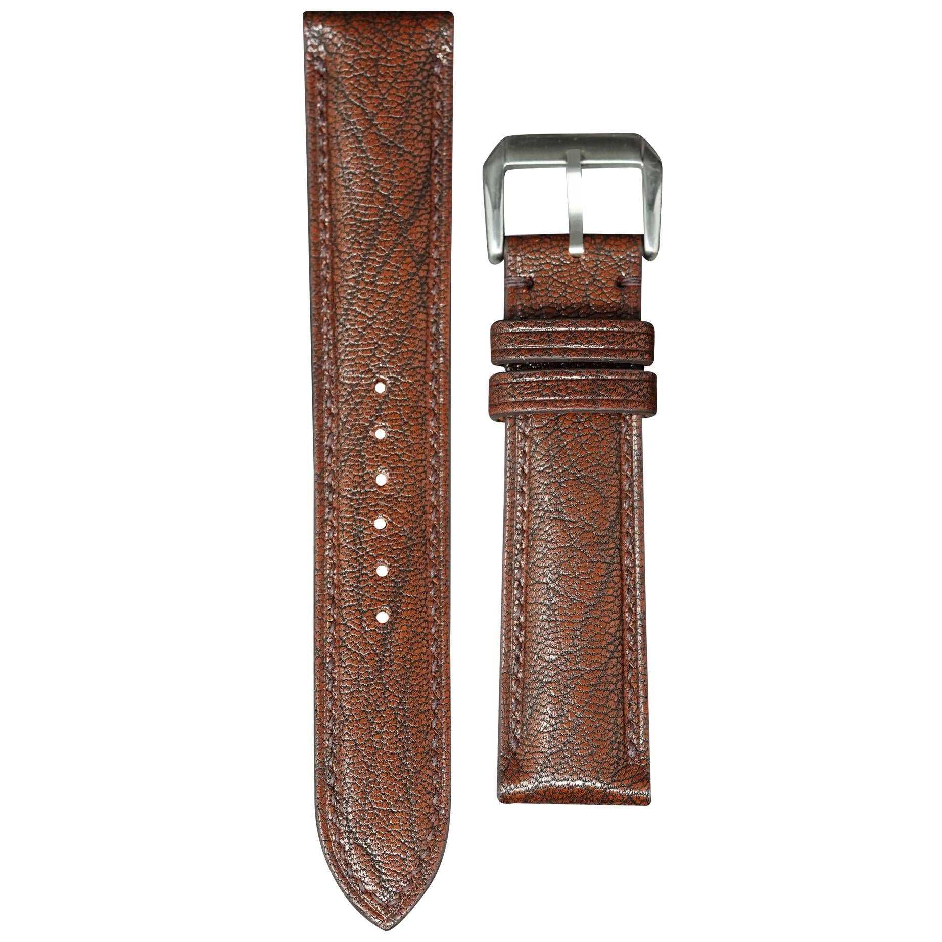 Alran Patnat Goat leather watch strap in Patchouli brown with silver buckle, flat lay.