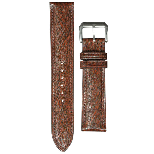 Alran Patnat Goat leather watch strap in Patchouli brown with silver buckle, flat lay.
