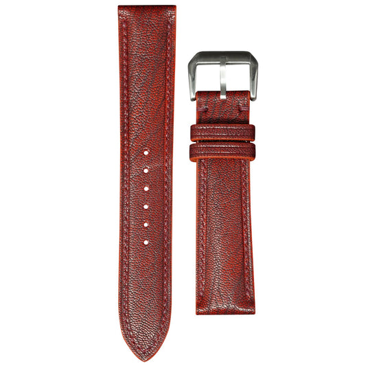Alran Patnat Goat Corrida red leather watch strap with matching stitching and silver buckle, flat lay.