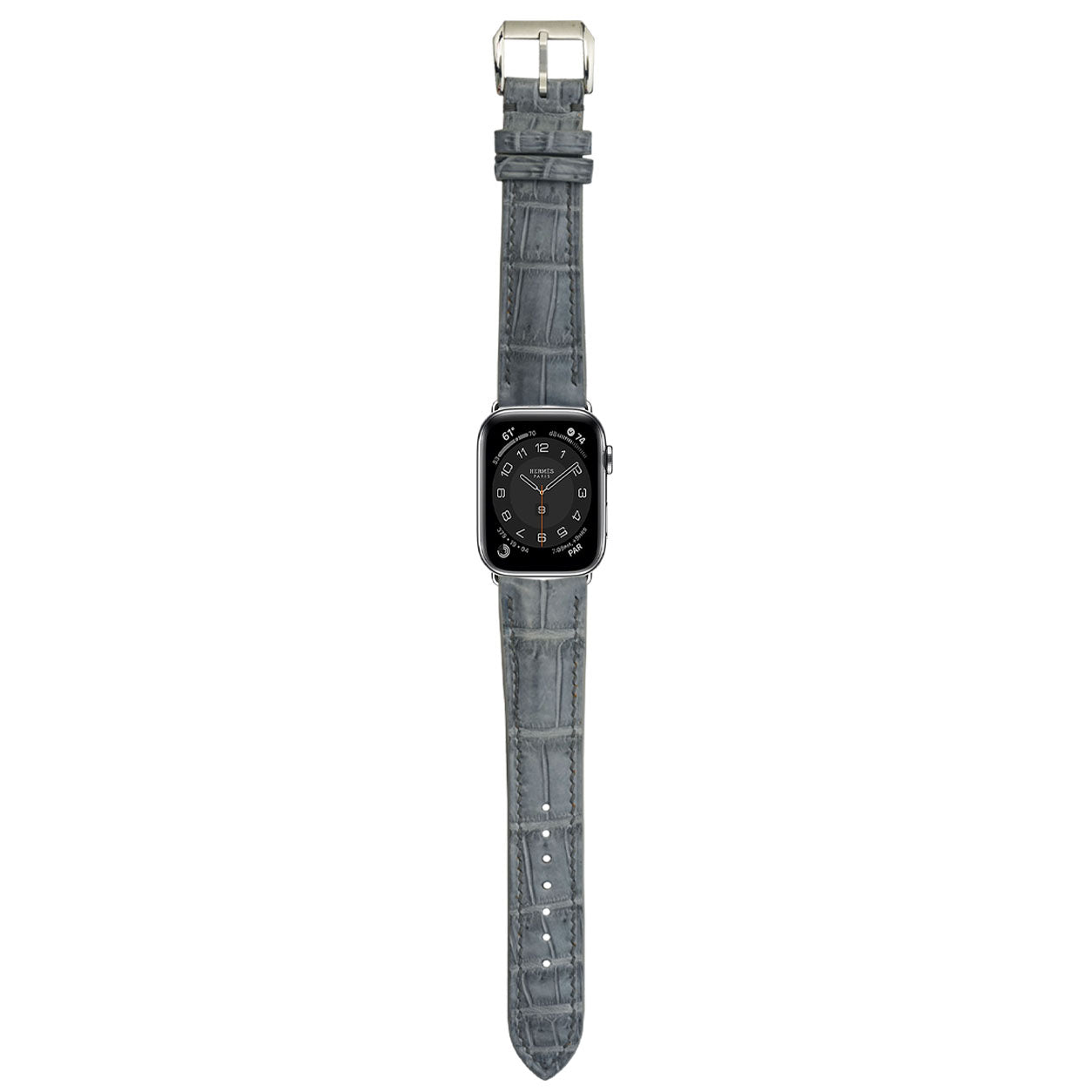Cool gray crocodile leather watch strap with a choice of stitching, padding and buckle.
