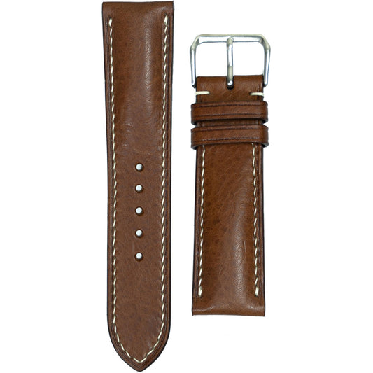 Brown Minerva Box leather watch strap with white stitching and silver buckle, flat lay.