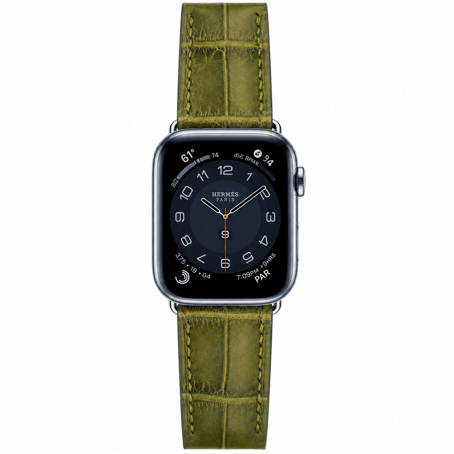 Olive green crocodile leather watch strap with a choice of stitching, padding and buckle.