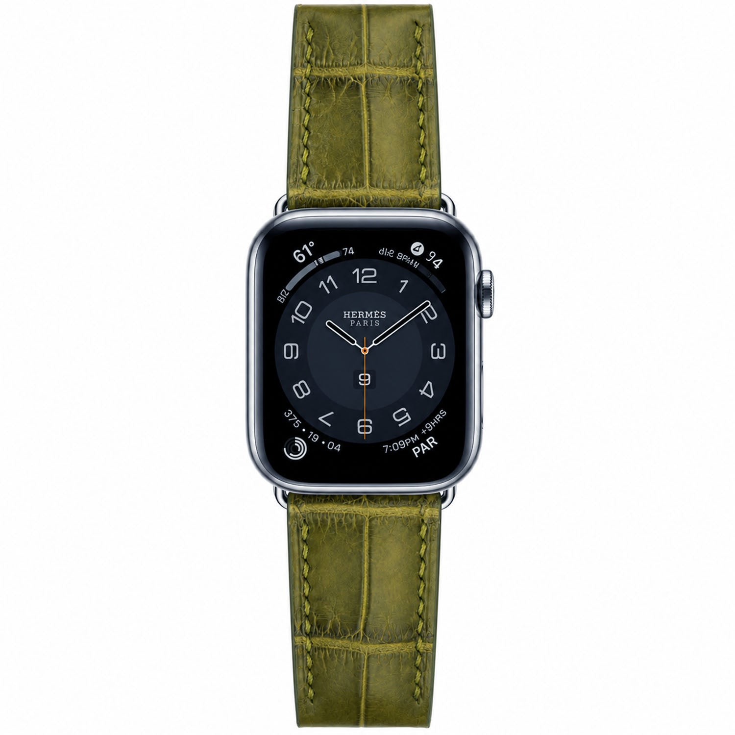 Olive green crocodile leather watch strap with a choice of stitching, padding and buckle.