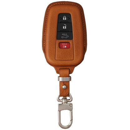 Brown Vachetta leather key fob cover for Toyota Rav 4, with silver carabiner clip.