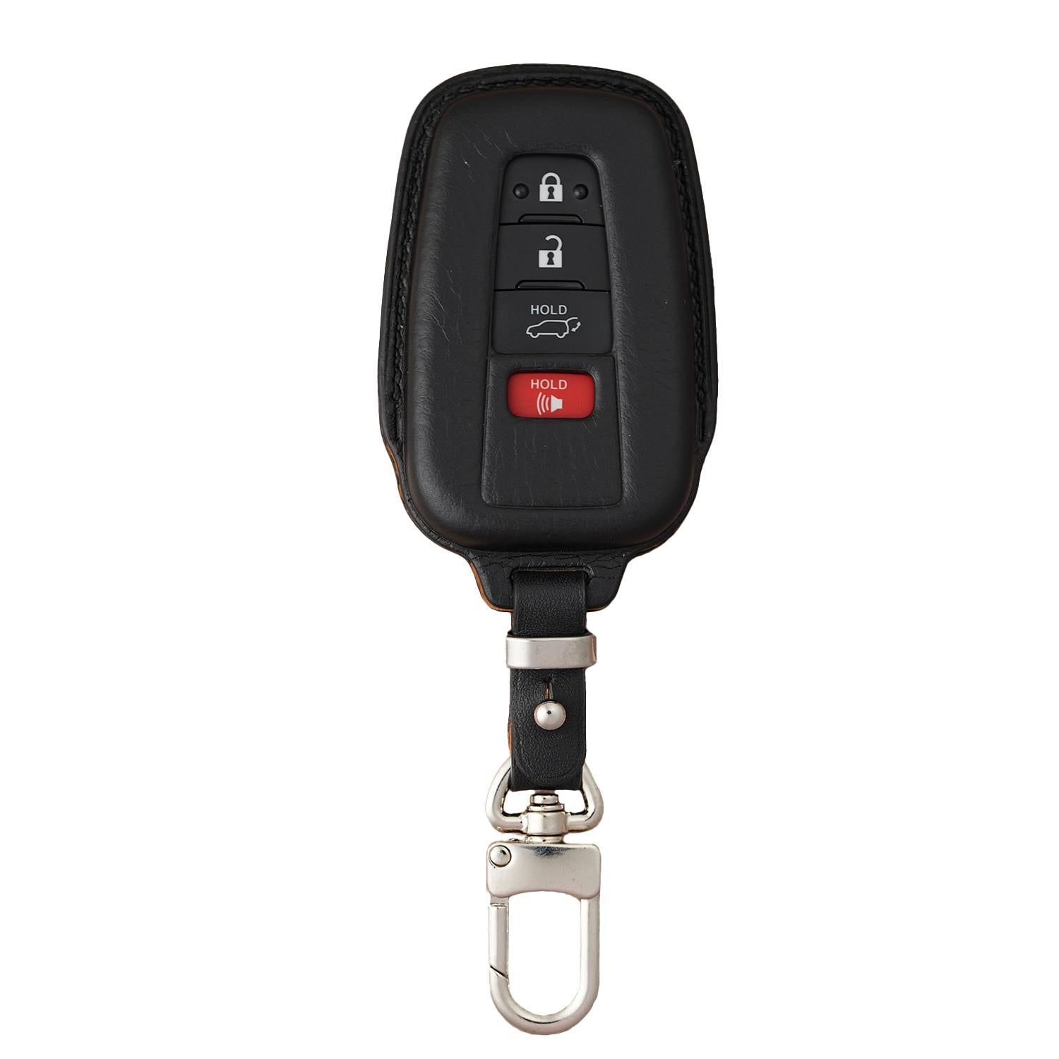 Black Vachetta leather key fob cover for Toyota Rav 4, with a silver metal clasp.